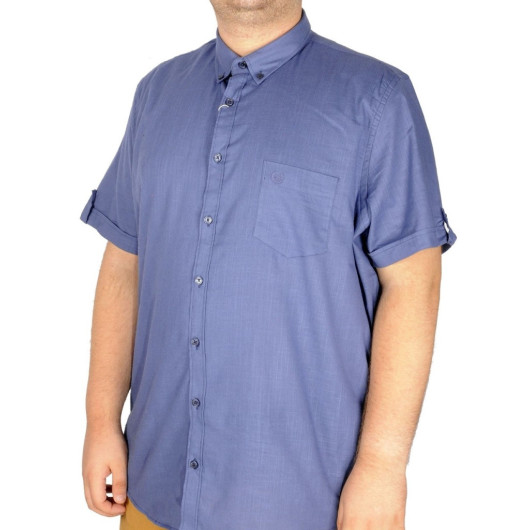 قميص كتان ليكرا مقاس كبير مع جيب لون نيلي