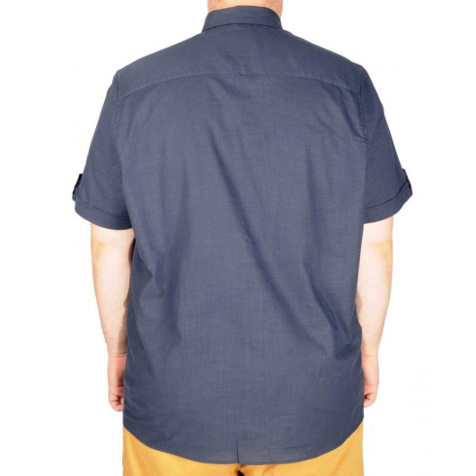 قميص كتان ليكرا مقاس كبير مع جيب لون كحلي