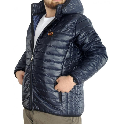 Plus Size Coat Quilted Hooded Navy Blue