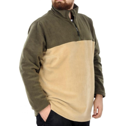 Men's Stand Collar Half Zip Fleece Sweatshirt In Khaki