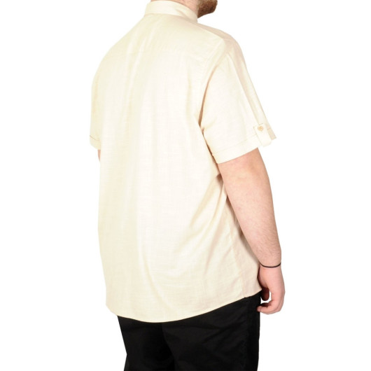 قميص للرجال مقاس كبير بأكمام قصيرة كتان مرن مع جيب لون بيج