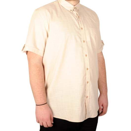 Short Sleeve Shirt Plus Size Linen Lycra Shirt With Pocket Beige