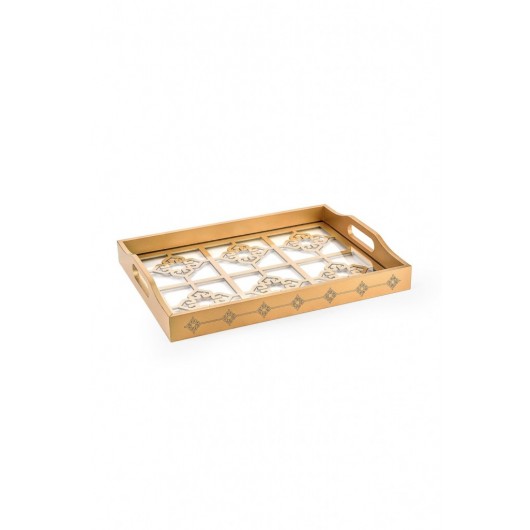 Wooden Glass Lux Decorated Gold Lacquer Tray- Motif