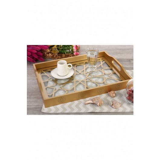 Wooden Glass Lux Decorated Gold Lacquer Tray- Seljuk