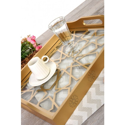Wooden Glass Lux Decorated Gold Lacquer Tray- Seljuk