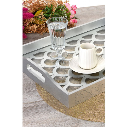Wooden Glass Lux Decorated Silver Lacquer Tray- Drop