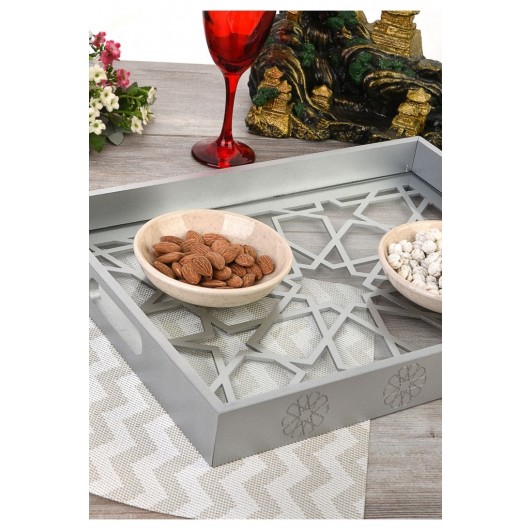 Wooden Glass Lux Decorated Silver Lacquer Tray