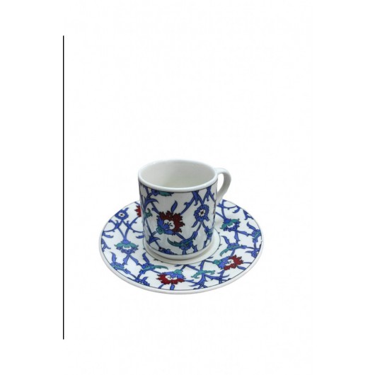 Porcelain Cup Set For 6 People Blue Tile Pattern