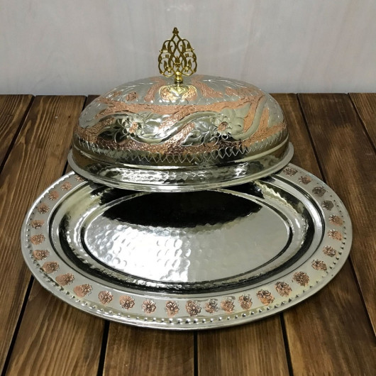 Double-Colored Embossed Copper Dish With Lid 30 Cm