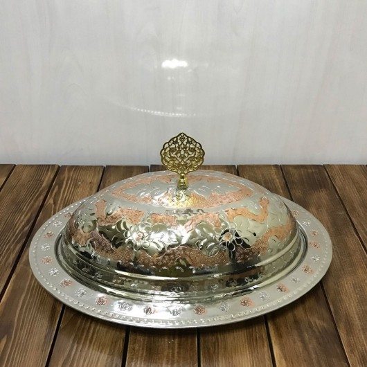 Double-Colored Embossed Copper Dish With Lid 35 Cm