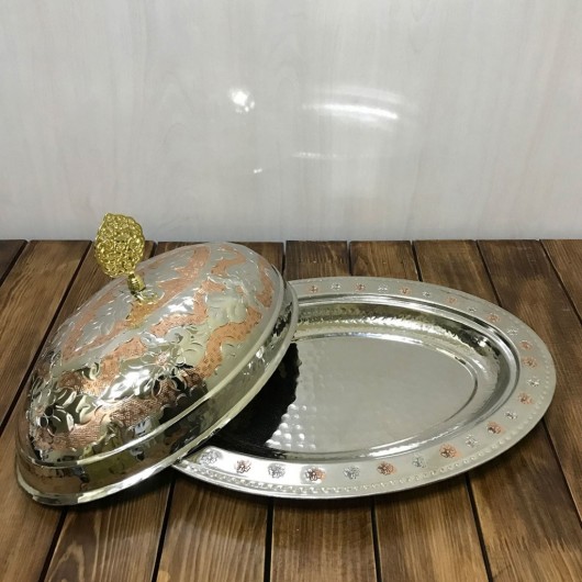 Double-Colored Embossed Copper Dish With Lid 35 Cm