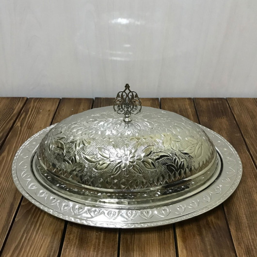 Engraved Copper Dish With Lid 35 Cm