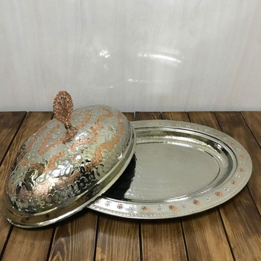 Double-Colored Embossed Copper Dish With Lid 40 Cm
