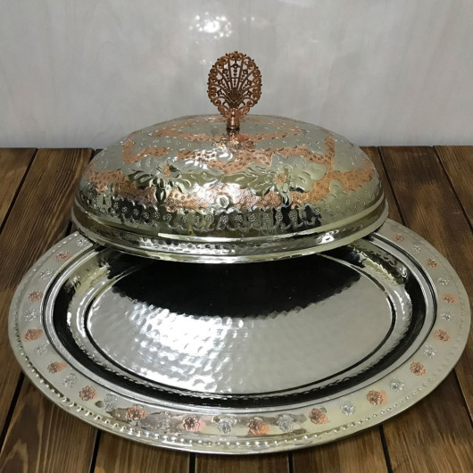 Double-Colored Embossed Copper Dish With Lid 40 Cm