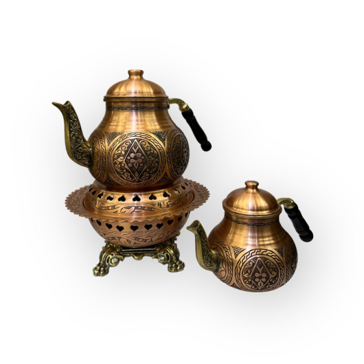 Copper Teapot And Warmer Set With Delicate Carvings
