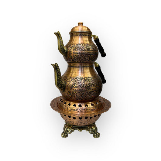 Set Of Copper Teapot And Warmer With Leaf Patterns