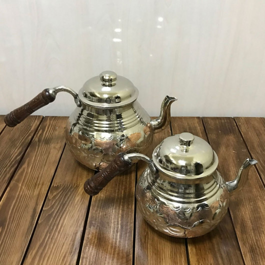 Two Tone Engraved Brass Turkish Teapot, Medium Size