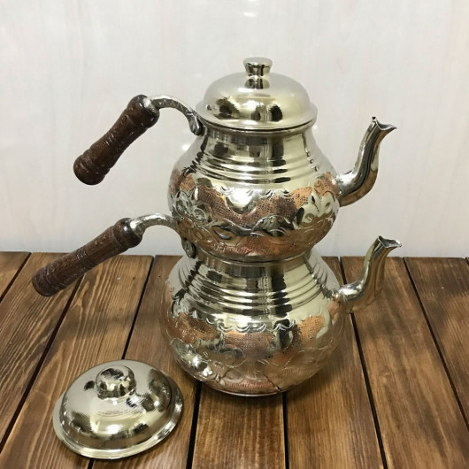 Two Tone Engraved Brass Turkish Teapot, Medium Size