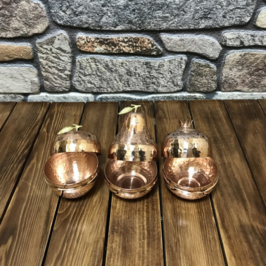 Copper Bowl Set In The Shape Of Apple, Pear And Pomegranate Fruits