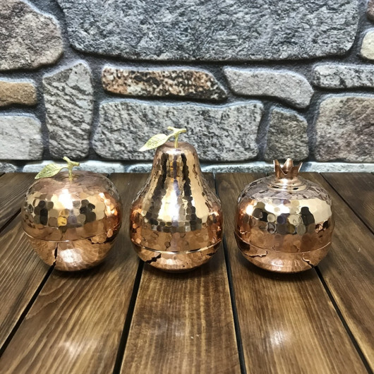 Copper Bowl Set In The Shape Of Apple, Pear And Pomegranate Fruits