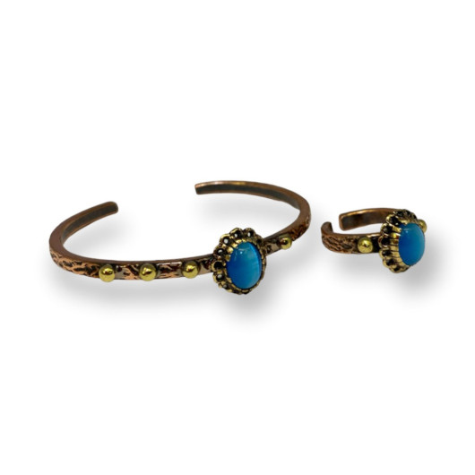 Blue Cat's Eye Stone Copper Bracelet And Ring