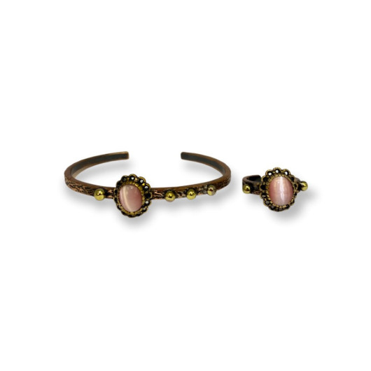 Pink Cat's Eye Stone Copper Bracelet And Ring