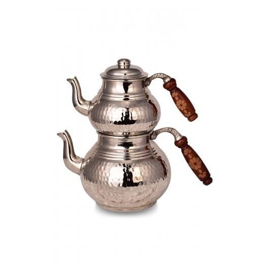Handmade Thin Copper Turkish Teapot In Nickel Color From Turkish Torna Copper