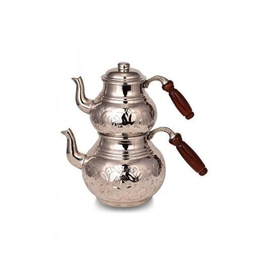 إبريق شاي تركي من النحاس السميك مصنوع يدويًا لون النيكل من Turna1954-2