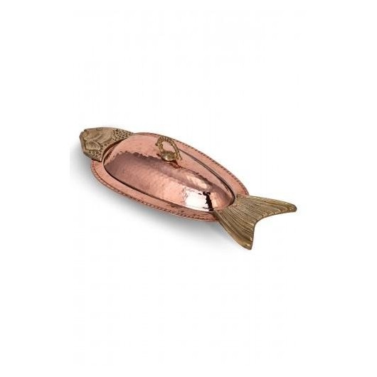 طبق تقديم على شكل سمك التونة من النحاس بغطاء طول 41 سم مصنوع يدوياً لون أحمر نحاسي منTurna5832-1