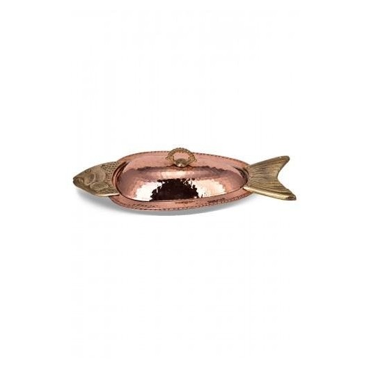 طبق تقديم على شكل سمك التونة من النحاس بغطاء طول 41 سم مصنوع يدوياً لون أحمر نحاسي منTurna5832-1