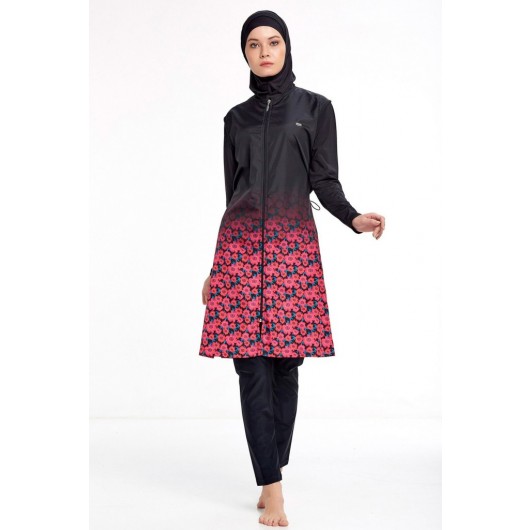 Adasea Floral Patterned Gilet Hijab Swimsuit Black