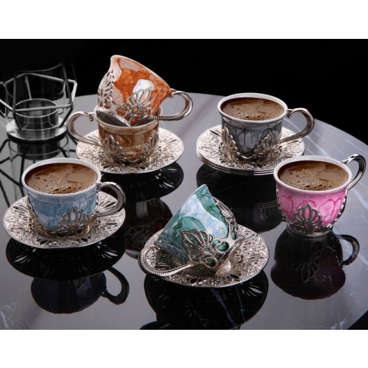 Set Of 6 Coffee Serving Cups Mixed Patterned Silver Color-Ahsen