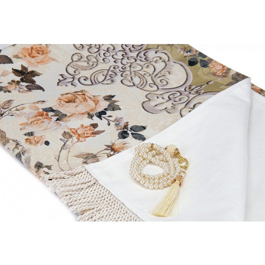 Floral Patterned Ottoman Motif Lined Chenille Prayer Rug Khaki