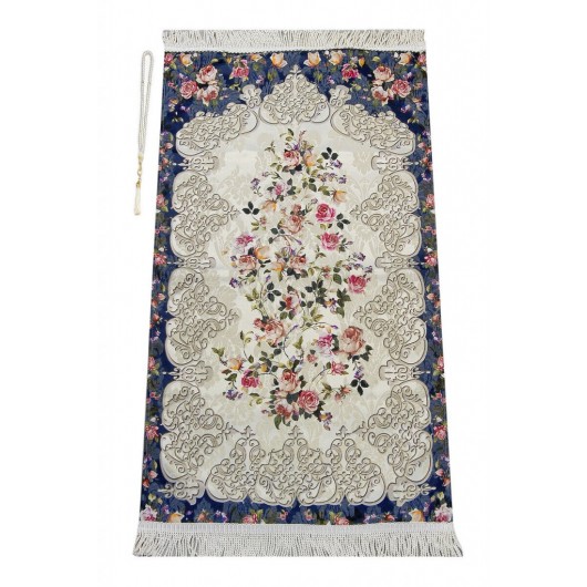 Floral Patterned Ottoman Motif Lined Chenille Prayer Rug Navy Blue