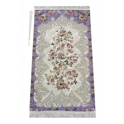 Floral Patterned Ottoman Motif Lined Chenille Prayer Rug Lilac