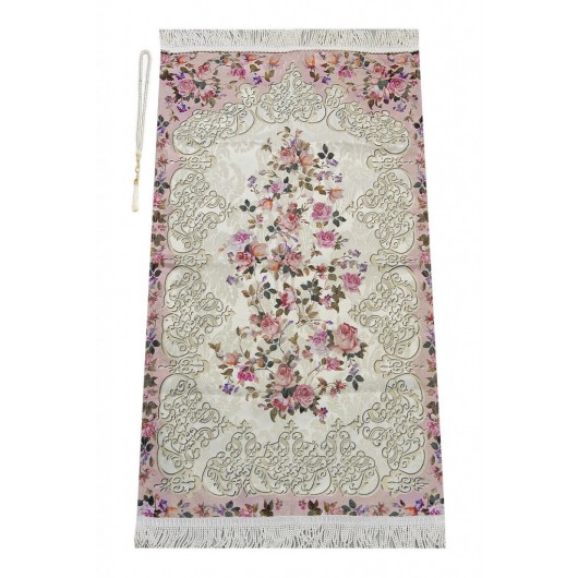 Floral Patterned Ottoman Motif Lined Chenille Prayer Rug Pink