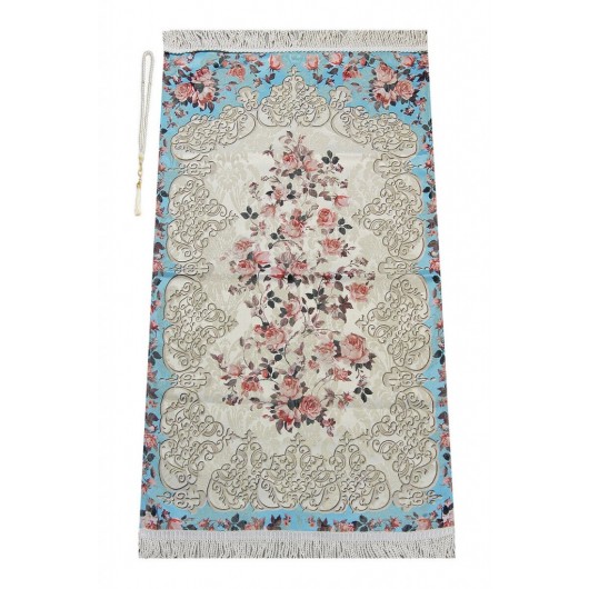 Floral Patterned Ottoman Motif Lined Chenille Prayer Rug Turquoise