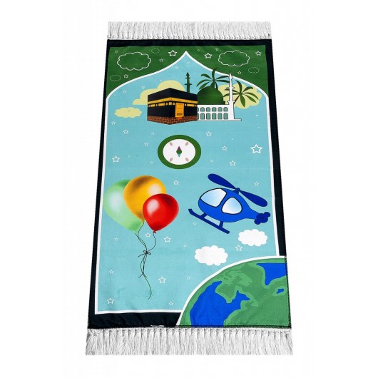 سجادة صلاة للأطفال مطبوعة رقميا - صورة الكعبة مع بالون بلون أخضر- مقاس 44 × 78 سم