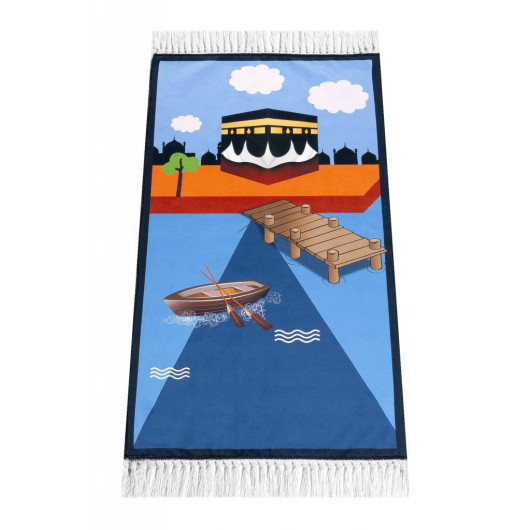 سجادة صلاة للأطفال مطبوعة رقميا - صورة الكعبة مع قارب بلون الازرق - مقاس 44 × 78 سم