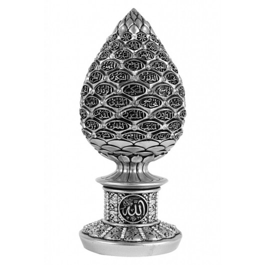 A Decorative Piece In The Shape Of A Pine Cone With The Writing Of The Most Beautiful Names Of God, Decorated With Crystal Stones, As A Religious Gift (Small Size), Silver Color