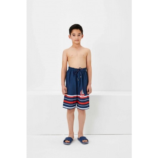 Haşema Navy Blue Striped Boys Pool Shorts