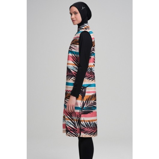Haşema Colored Striped Gilet Black Fully Covered Hijab Swimsuit Hsm-3009 Lari̇n