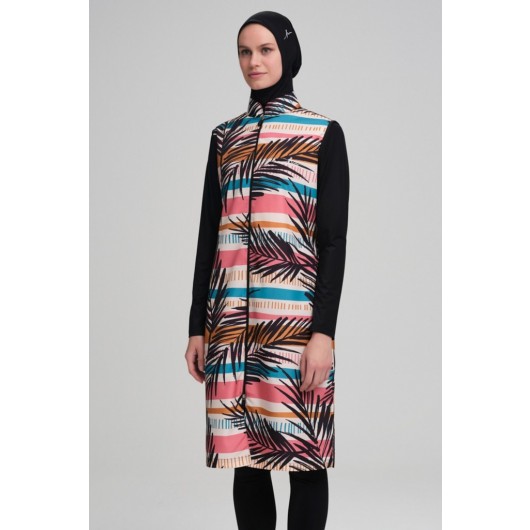Haşema Colored Striped Gilet Black Fully Covered Hijab Swimsuit Hsm-3009 Lari̇n