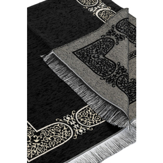 Kaaba Patterned Chenille Prayer Rug - Black Color