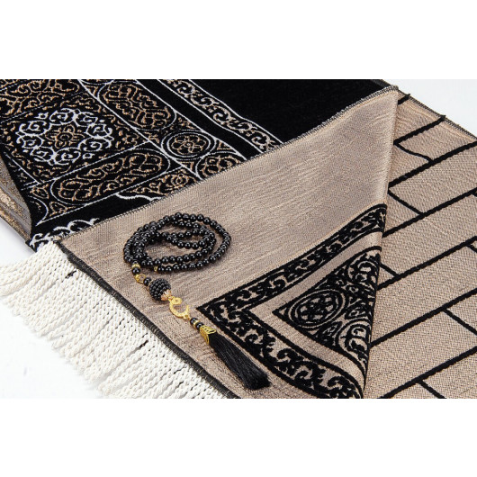 Kaaba Door Model Patterned Chenille Prayer Rug Black