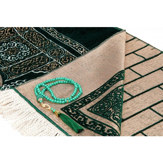 Kaaba Door Model Patterned Chenille Prayer Rug Green