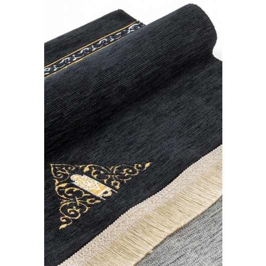 Kaaba Cover Patterned Chenille Prayer Rug - Black Color