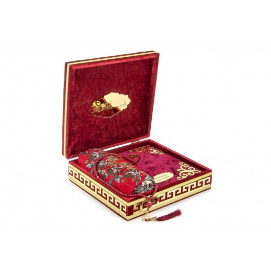 Velvet Covered Box Personalized Gift Quran Set With Prayer Rug Red