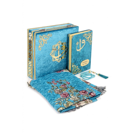 Velvet Covered Box Personalized Gift Quran Set With Prayer Rug Blue