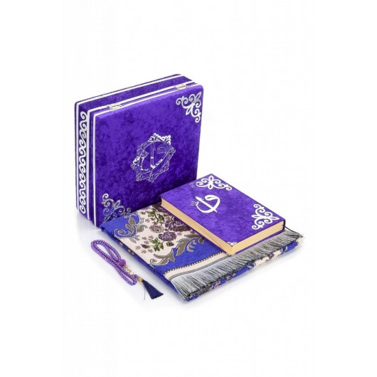 Velvet Covered Box Personalized Gift Quran Set With Prayer Rug Purple
